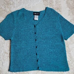 Vintage Women Knit Button Up Cardigan Sweater Size M Blue Short Sleeve Silk Y2K